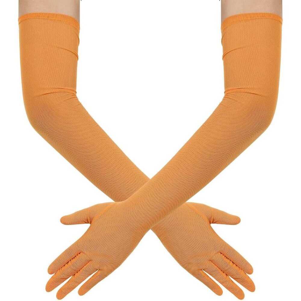 Women's Tulle Mesh Orange Long Stretchy Gloves Halloween Party Wedding Costume